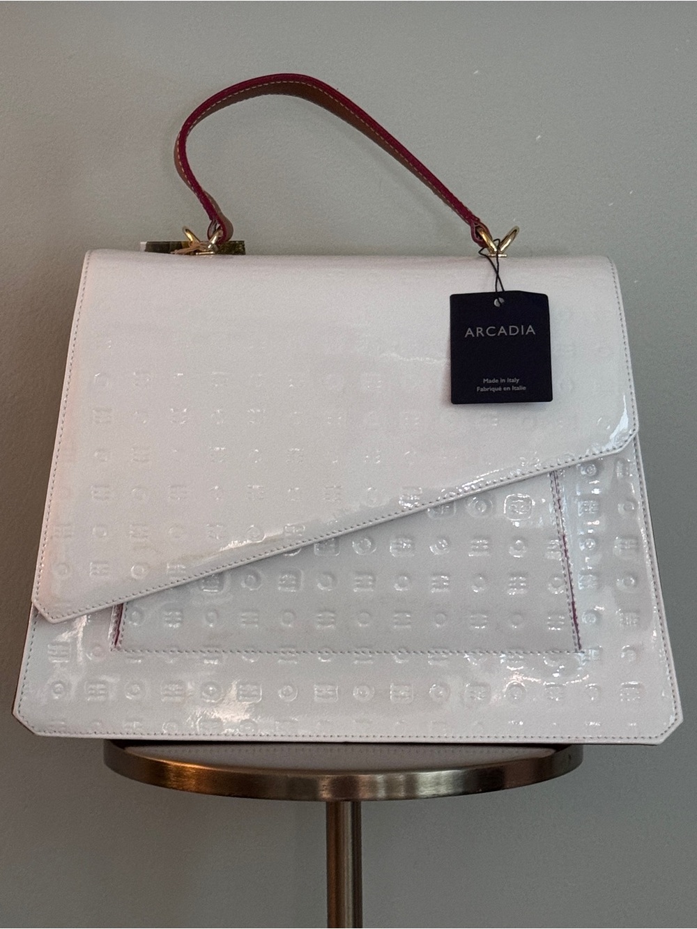 Arcadia White Patent Satchel with Red Top Handle